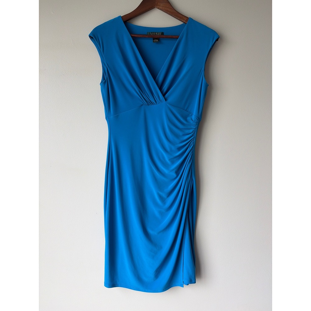 Lauren Ralph Lauren Blue Ruched Surplice V-Neck Sheath Dress Size 6 Blue